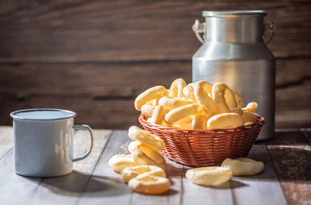 Biscuit manioc flour cookies arranged on rustic wooden surface selective focus