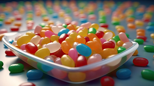 A biscuit and sweet jelly beans are presented in a white tray