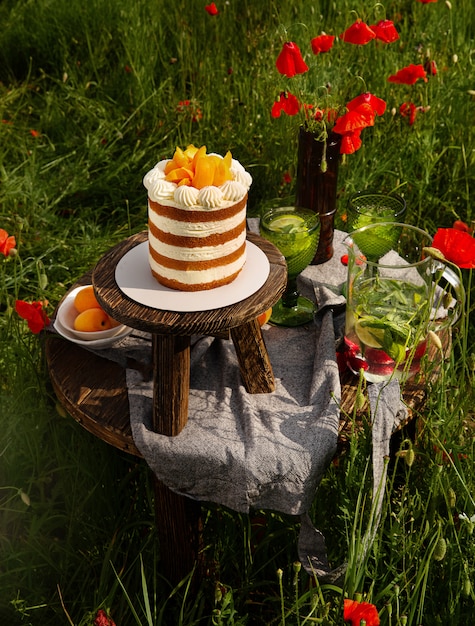 Foto biscuitgebak met abrikozen op de houten tafel op het gebied van papavers. een houten stoel staat achter als onderdeel van de compositie.