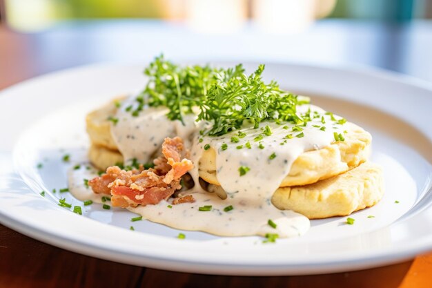 Biscuits and gravy on a plate with a parsley garnish