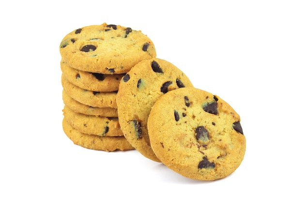 Biscuits with pieces of chocolate coating isolated on white. Cookies