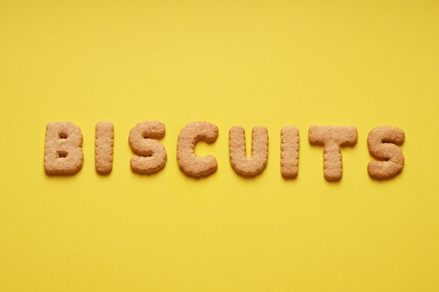 Biscuits word spelled out with biscuit letters or characters