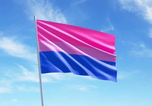 Bisexual flag waving in a blue sky background for LGBTQIA Pride month sexuality freedom love diversity celebration and the fight for human rights in 3D illustration