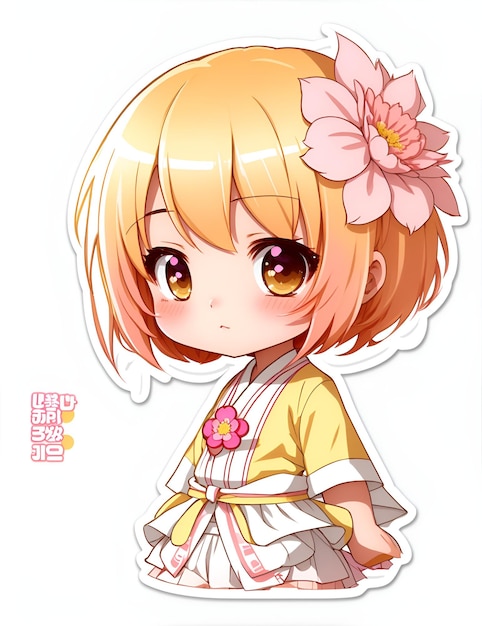 bishojo style anime Sticker Chibi Anime Girl with bright yelow Short hair and soft features wear