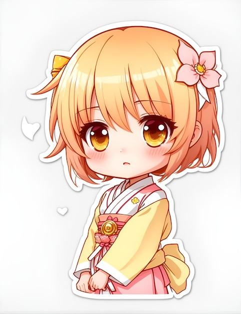 bishojo style anime Sticker Chibi Anime Girl with bright yelow Short hair and soft features wear