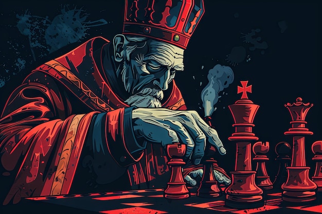 A bishop gracefully maneuvering across the board symbolizing wisdom and foresight in the game of chess cartoon absurd