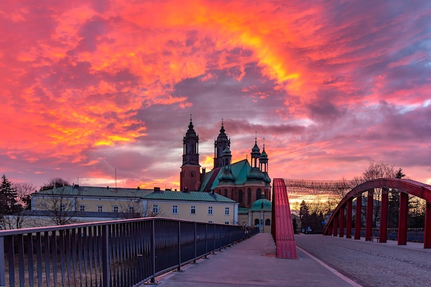 The Bishop Jordan Bridge over Cybina River and Poznan Cathedral at gorgeous sunset, Poznan