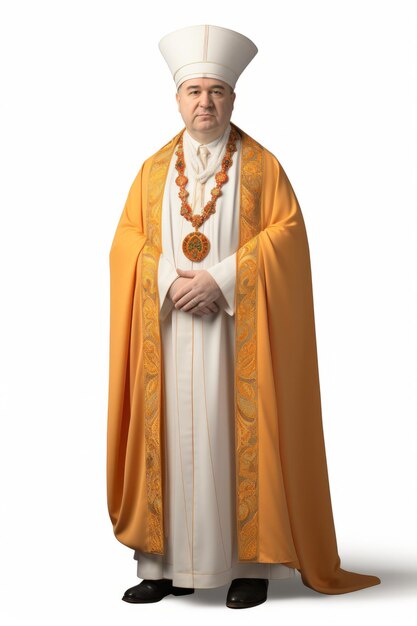 A bishop wearing a yellow and white robe with a white mitre on his head