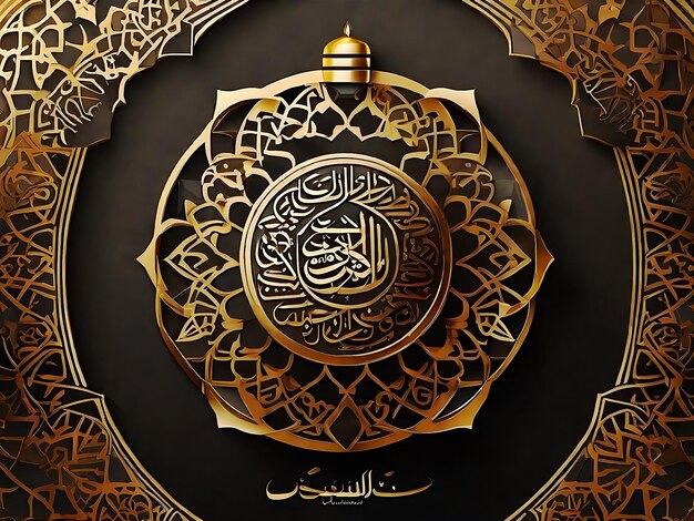 Foto bismillah calligrafia araba sulla parete incontrata con barattolo di profumo e lampada islamica color oro