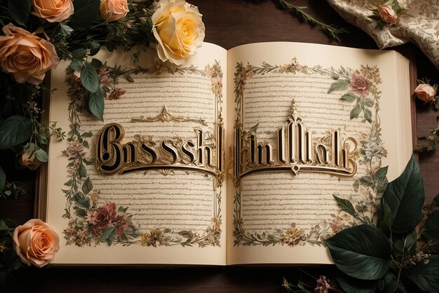 Bismillah vintage page decor with crowns arrows and floral elements