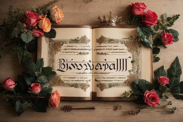 Bismillah vintage pagina decor met kronen pijlen en bloemige elementen