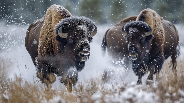 Bison are colliding in a snowy meadow