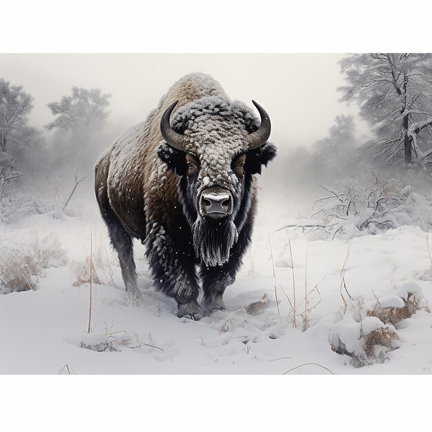 Photo a bison covered in winter snow