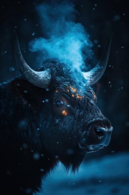 Foto bison su uno sfondo scuro con fumo e fiocchi di neve