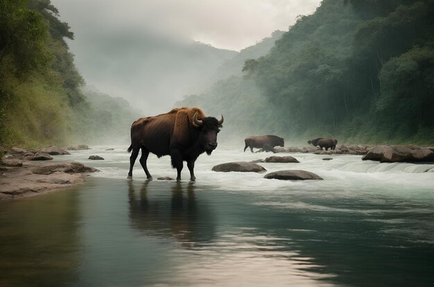 Photo bison in forest river