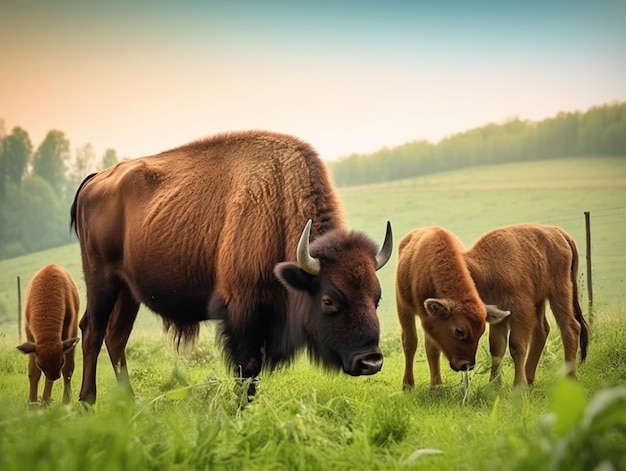 A bison and her calf graze in a field.