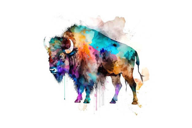 Bison is drawn with multicolored watercolors isolated on a white background Generated by AI