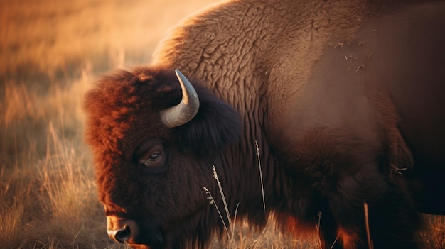 A bison is seen in a field at sunset.