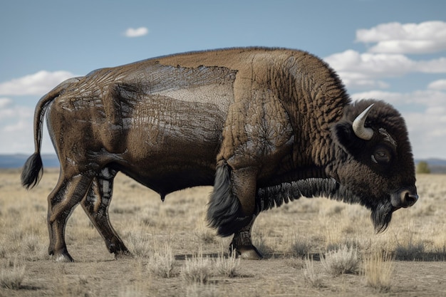 A bison is walking in a field with the sky in the background.