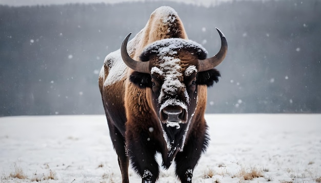 bison met grote horens staan in een veld met zware sneeuwval fullbody view van face cinematicsce