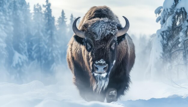 Bison migrating in the snow in winter