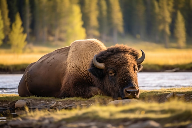 A bison rests in the grass near a river.
