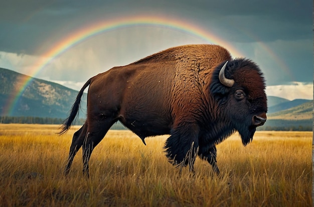 Bison roaming plain met berg regenboog