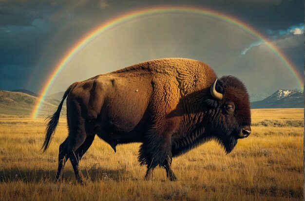 Bison Roaming Plain with Mountain Rainbow