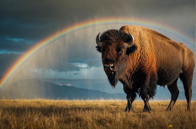 Bison Roaming Plain with Mountain Rainbow