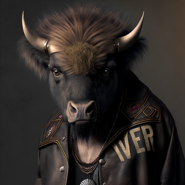 Photo bison in rock punk black metal rockstar chain leather outfit