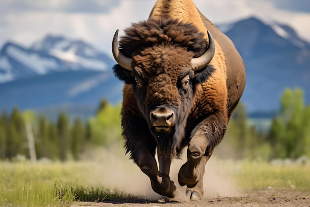 a bison running in the dirt with mountains in the background