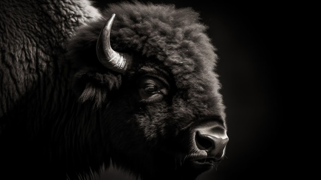 A bison's face is shown in black and white.