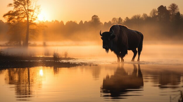 Bison staat op het meer bij zonsopgang