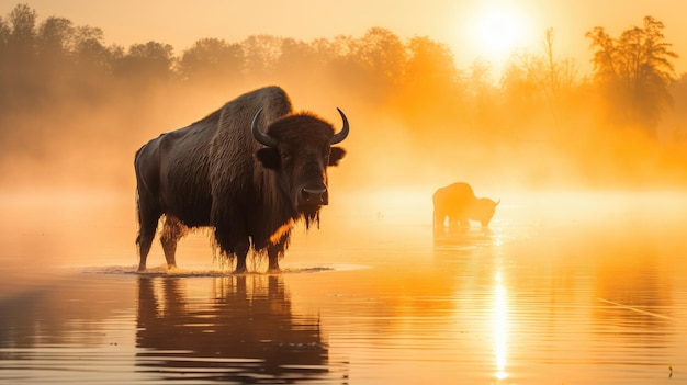 Bison staat op het meer bij zonsopgang