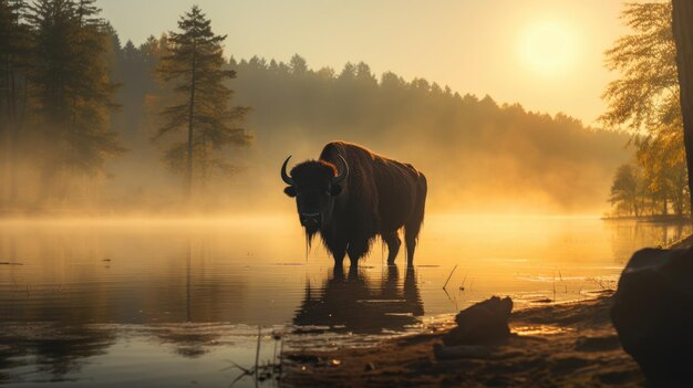 Foto bison staat op het meer bij zonsopgang