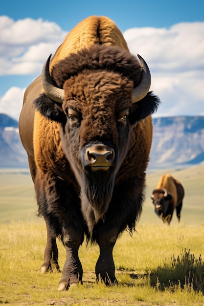 a bison standing in a field with other bison in the background