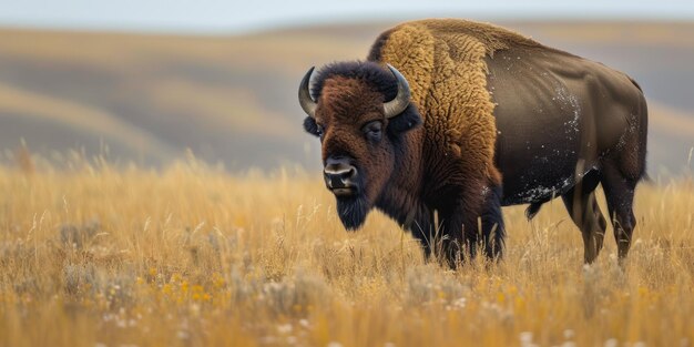 Bison standing in tall grass field