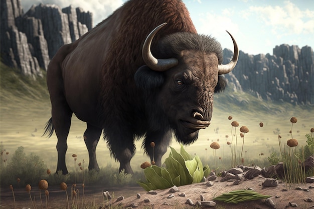 A bison stands in a field with mountains in the background.