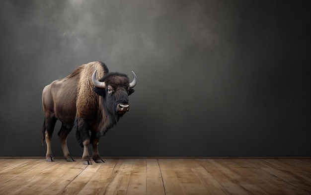 A bison stands on a wooden floor in front of a dark background.