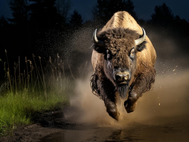 Photo bison striding proudly through muddy valley in the moonlight