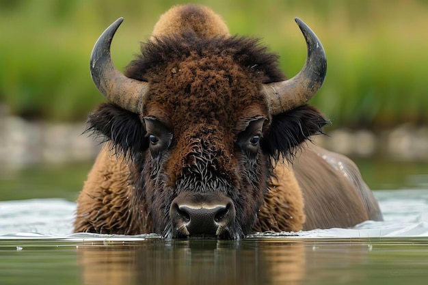 Bison in Water Looking at the Camera