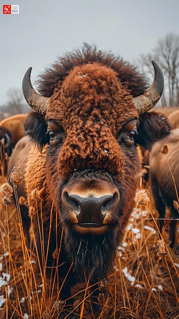 Photo a bison with a brown face and horns is standing in a field