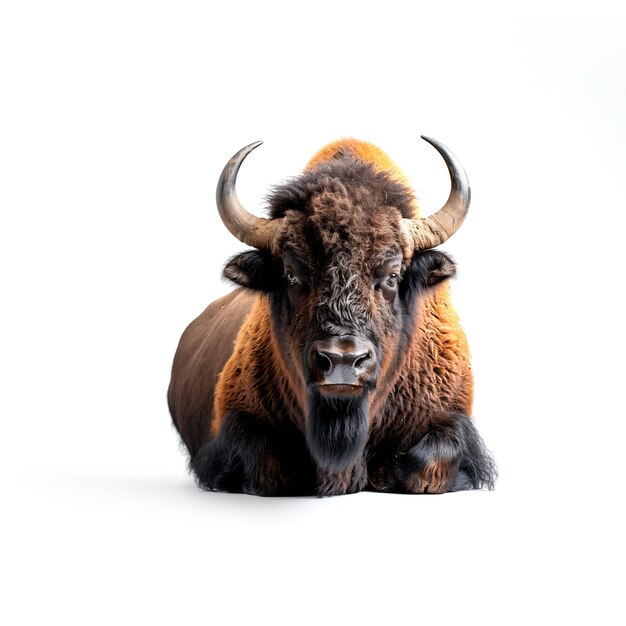 Photo bison with large horns on white background generative ai