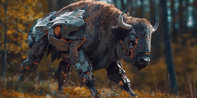 A bison with a robot on its back walks through a field.