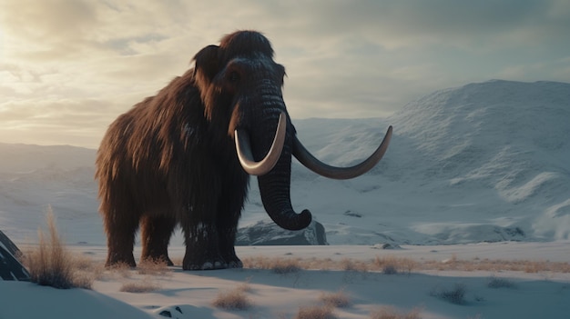 a bison with tusks in the snow