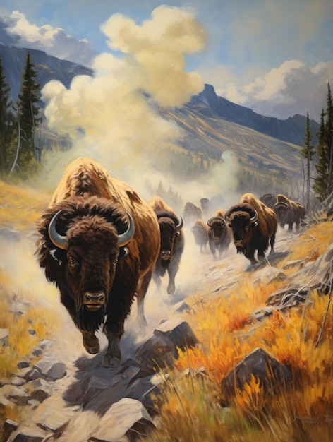 Bisonherd in Yellowstone in de herfst