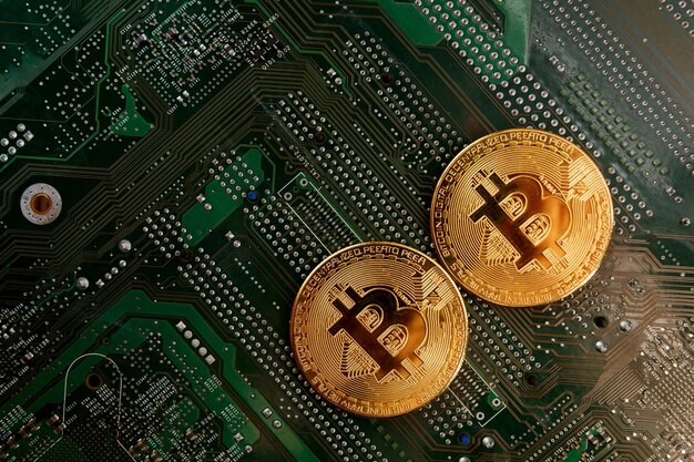 Bit coins on the background of a computer microcircuit