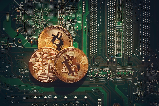 コンピューターのマイクロサーキットの背景にあるビットコイン