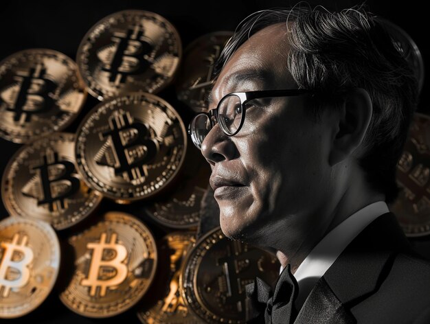 Foto bitcoin astratto presunto inventore persona fittizia satoshi nakamoto