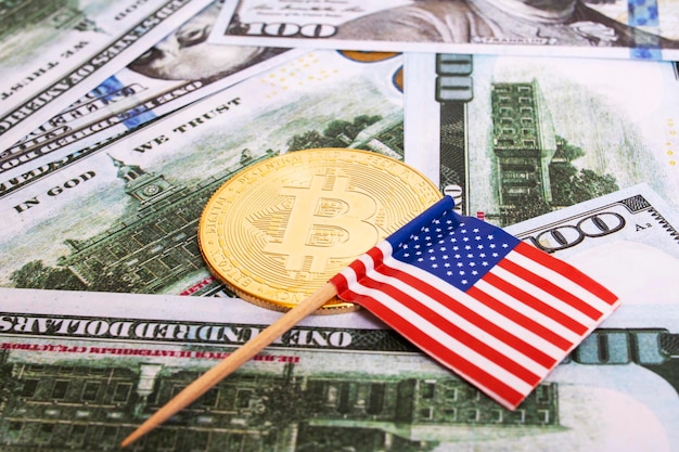 Bitcoin and American flag on the background of dollars